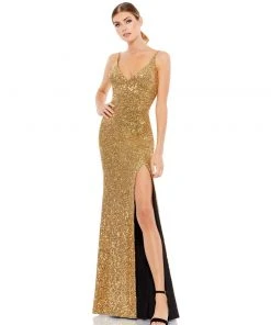 Ieena For Mac Duggal Embellished Metallic High Slit Gown