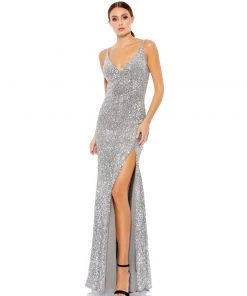 Ieena For Mac Duggal Embellished Metallic High Slit Gown