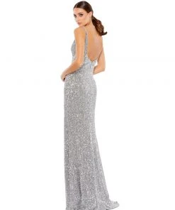 Ieena For Mac Duggal Embellished Metallic High Slit Gown
