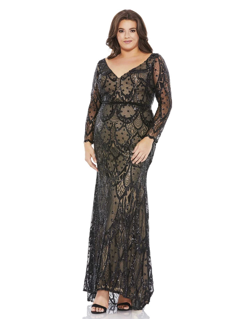 Mac Duggal Mother Of The Bride + Groom Dresses Abstract Embellished Illusion Sleeve Evening Gown (Plus) 4 Mac Duggal Mother Of The Bride + Groom Dresses Abstract Embellished Illusion Sleeve Evening Gown (Plus)