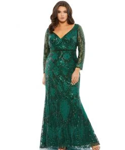 Mac Duggal Mother Of The Bride + Groom Dresses Abstract Embellished Illusion Sleeve Evening Gown (Plus)
