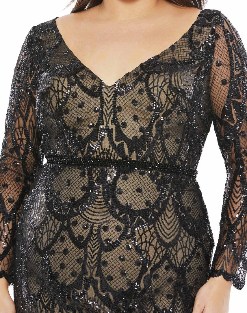 Mac Duggal Mother Of The Bride + Groom Dresses Abstract Embellished Illusion Sleeve Evening Gown (Plus) 6 Mac Duggal Mother Of The Bride + Groom Dresses Abstract Embellished Illusion Sleeve Evening Gown (Plus)