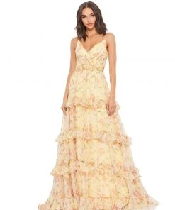 Mac Duggal Tiered Floral Chiffon Gown