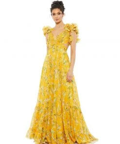 Mac Duggal Yellow Ruffle Tiered Floral Cut-Out Chiffon Gown | Final Sale Shop For