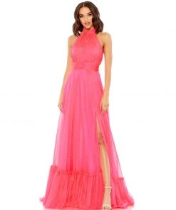Mac Duggal High Neck Tiered Chiffon Halter Gown