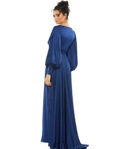 Ieena For Mac Duggal Flowy Split Bishop Sleeve Faux Wrap Gown