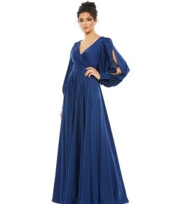 Ieena For Mac Duggal Flowy Split Bishop Sleeve Faux Wrap Gown