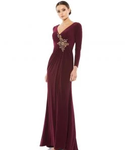 Mac Duggal Faux Wrap Long Sleeve Gown W/ Appliqué Detail Shop For