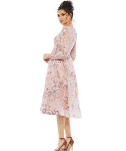Mac Duggal Floral Embellished Long Sleeve A-Line Dress