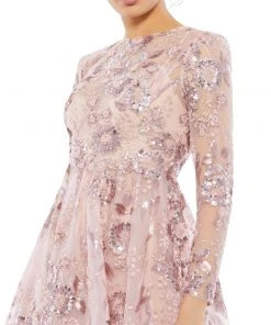 Mac Duggal Floral Embellished Long Sleeve A-Line Dress