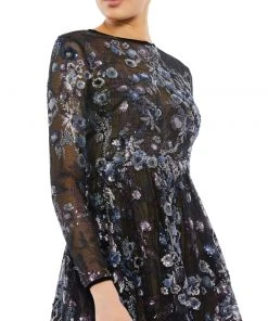 Mac Duggal Embellished Illusion Long Sleeve Midi Dress