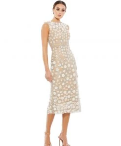Mac Duggal Cocktail Dresses Floral Applique Sleeveless Midi Dress