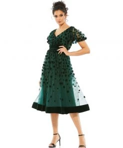 Mac Duggal Embellished Butterfly Sleeve Velvet Hem Midi Dress