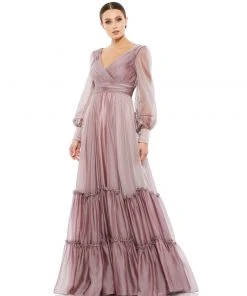Mac Duggal Faux Wrap Long Sleeve Tiered Gown Shop For