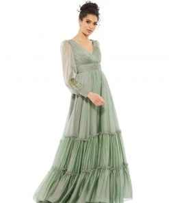 Mac Duggal Faux Wrap Long Sleeve Tiered Gown Shop For