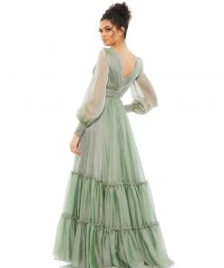 Mac Duggal Faux Wrap Long Sleeve Tiered Gown Shop For