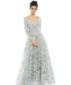Mac Duggal Embellished V Neck Illusion Long Sleeve A Line Gown Shop For