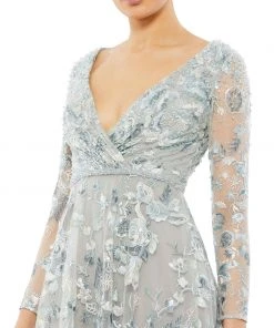 Mac Duggal Embellished V Neck Illusion Long Sleeve A Line Gown Shop For