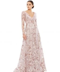 Mac Duggal Embellished V Neck Illusion Long Sleeve A Line Gown Shop For
