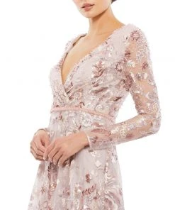 Mac Duggal Embellished V Neck Illusion Long Sleeve A Line Gown Shop For