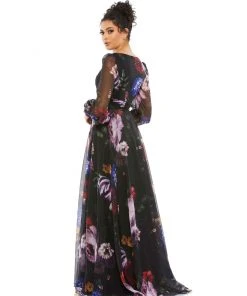 Mac Duggal Floral Print Chiffon Long Sleeve Maxi Dress