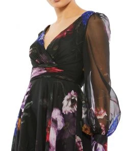 Mac Duggal Floral Print Chiffon Long Sleeve Maxi Dress