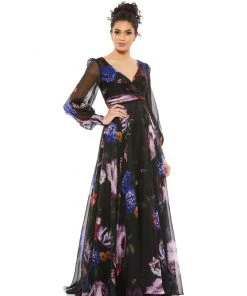Mac Duggal Floral Print Chiffon Long Sleeve Maxi Dress