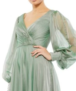 Mac Duggal Sheer Blouson Sleeve Surplice Gown Shop For