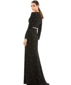 Ieena For Mac Duggal Belted Jewel Encrusted Plunge Neck Long Sleeve Gown