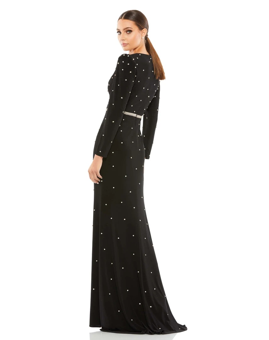Ieena For Mac Duggal Belted Jewel Encrusted Plunge Neck Long Sleeve Gown 2 Ieena For Mac Duggal Belted Jewel Encrusted Plunge Neck Long Sleeve Gown