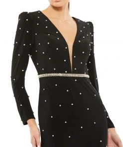 Ieena For Mac Duggal Belted Jewel Encrusted Plunge Neck Long Sleeve Gown 8 Ieena For Mac Duggal Belted Jewel Encrusted Plunge Neck Long Sleeve Gown