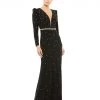 Ieena For Mac Duggal Belted Jewel Encrusted Plunge Neck Long Sleeve Gown