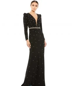 Ieena For Mac Duggal Belted Jewel Encrusted Plunge Neck Long Sleeve Gown