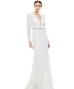 Ieena For Mac Duggal Belted Jewel Encrusted Plunge Neck Long Sleeve Gown 9 Ieena For Mac Duggal Belted Jewel Encrusted Plunge Neck Long Sleeve Gown