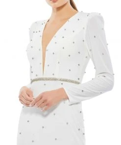 Ieena For Mac Duggal Belted Jewel Encrusted Plunge Neck Long Sleeve Gown 11 Ieena For Mac Duggal Belted Jewel Encrusted Plunge Neck Long Sleeve Gown