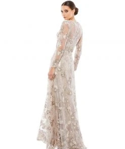 Mac Duggal Floral Embroidered Illusion Long Sleeve Evening Gown