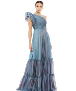 Mac Duggal Organza One-Shoulder Pleated Gown Shop For