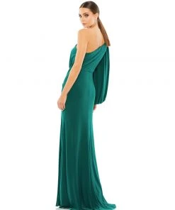 Ieena For Mac Duggal One Shoulder Puff Sleeve Faux Wrap Gown