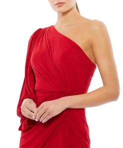 Ieena For Mac Duggal One Shoulder Puff Sleeve Faux Wrap Gown