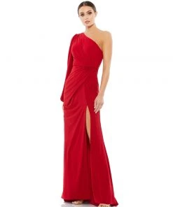 Ieena For Mac Duggal One Shoulder Puff Sleeve Faux Wrap Gown