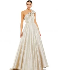 Mac Duggal Bow One Shoulder Metallic Ballgown