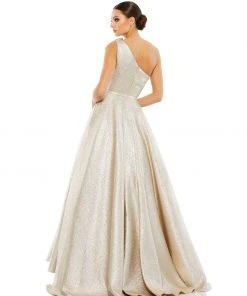 Mac Duggal Bow One Shoulder Metallic Ballgown