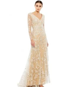 Mac Duggal Embroidered V-Neck Long Sleeve Trumpet Gown
