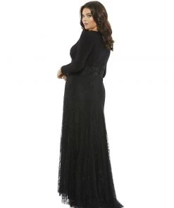 Mac Duggal Wrap-Over Long Sleeve Lace Applique Trumpet Gown (Plus) Plus Size 6 Mac Duggal Wrap-Over Long Sleeve Lace Applique Trumpet Gown (Plus) Plus Size