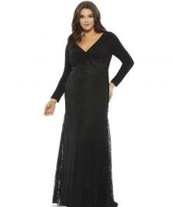 Mac Duggal Wrap-Over Long Sleeve Lace Applique Trumpet Gown (Plus) Plus Size