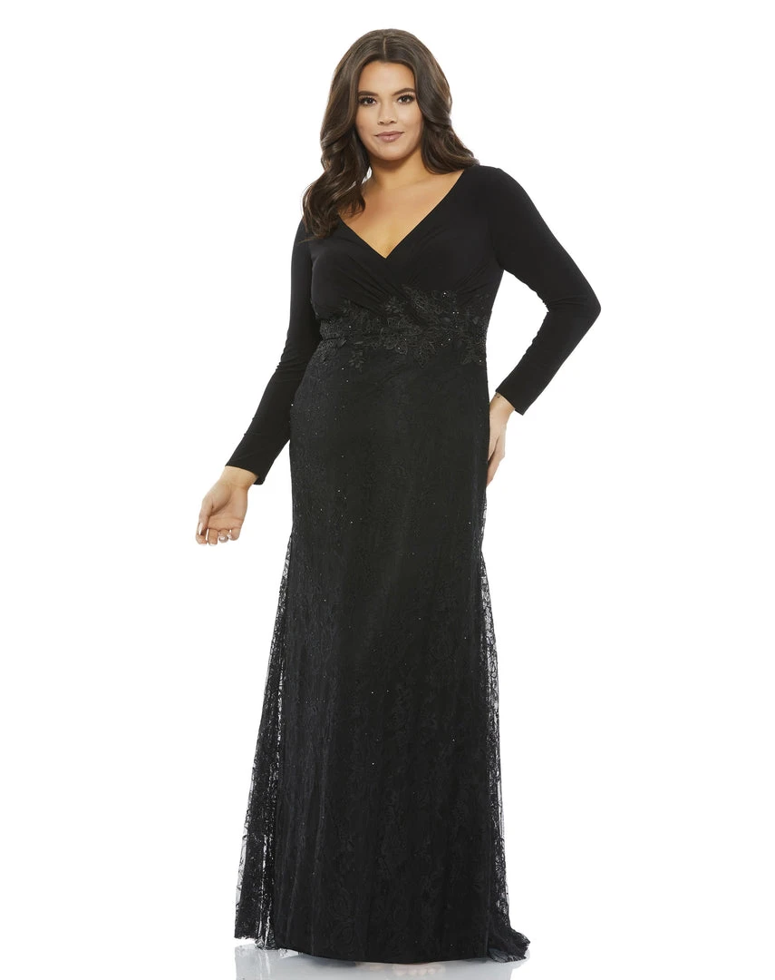 Mac Duggal Wrap-Over Long Sleeve Lace Applique Trumpet Gown (Plus) Plus Size 1 Mac Duggal Wrap-Over Long Sleeve Lace Applique Trumpet Gown (Plus) Plus Size