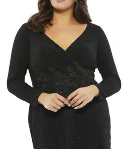 Mac Duggal Wrap-Over Long Sleeve Lace Applique Trumpet Gown (Plus) Plus Size 7 Mac Duggal Wrap-Over Long Sleeve Lace Applique Trumpet Gown (Plus) Plus Size