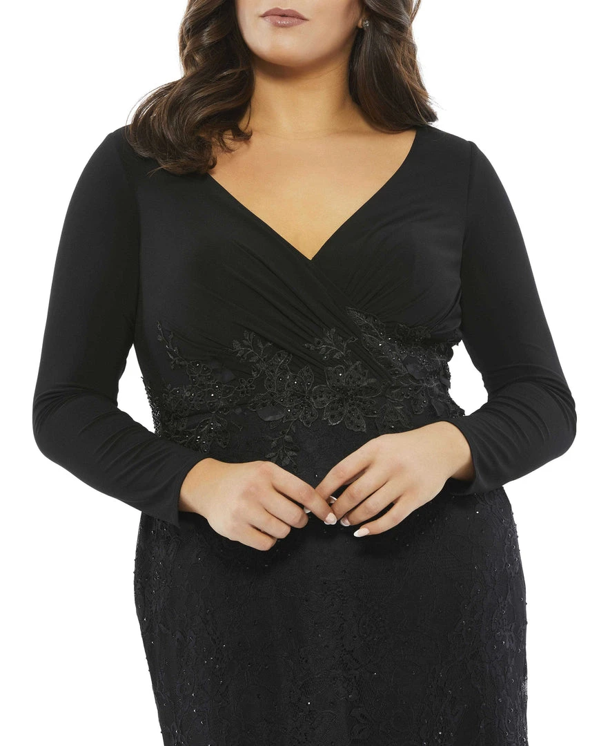 Mac Duggal Wrap-Over Long Sleeve Lace Applique Trumpet Gown (Plus) Plus Size 4 Mac Duggal Wrap-Over Long Sleeve Lace Applique Trumpet Gown (Plus) Plus Size