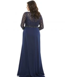 Mac Duggal Lace Illusion Long Sleeve V-Neck Draped Gown (Plus) Mother Of The Bride + Groom Dresses