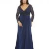 Mac Duggal Lace Illusion Long Sleeve V-Neck Draped Gown (Plus) Mother Of The Bride + Groom Dresses